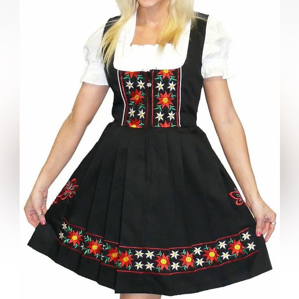 Black Embroidered Dirndl Dress with Floral Motif